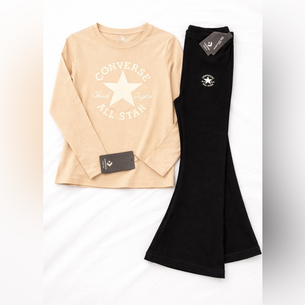 Converse Chuck Taylor 2 Piece Outfit Set Tan Shirt & Black Flare Pants NWT
